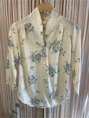 Vintage Floral Popover Cottagecore Blouse Satin Stripe Cream Pastel Small (S)